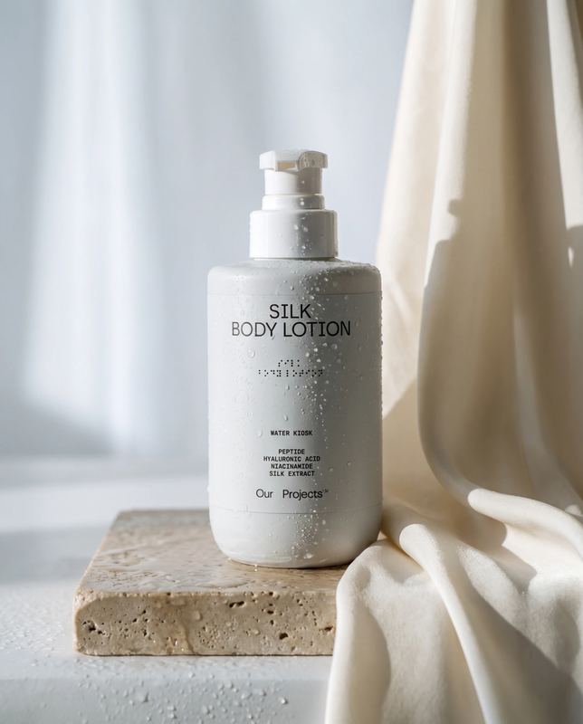 AI product shot, body lotion bottle on stone